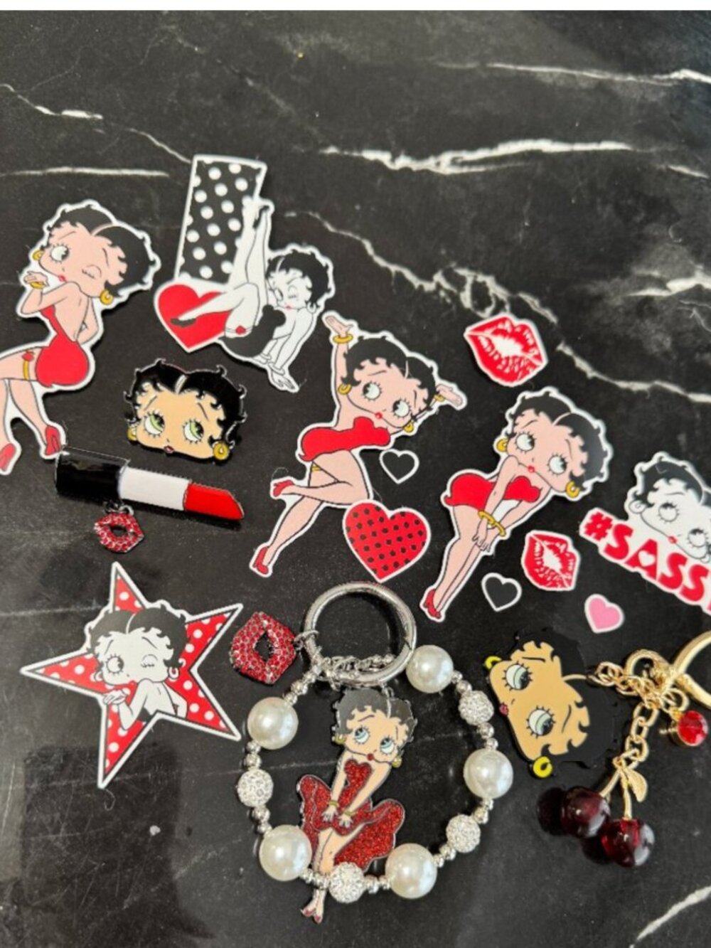 Betty Boop Bundle! Includes: 2 Glitter Keychains, Enamel Pins & Cute Sticker Set